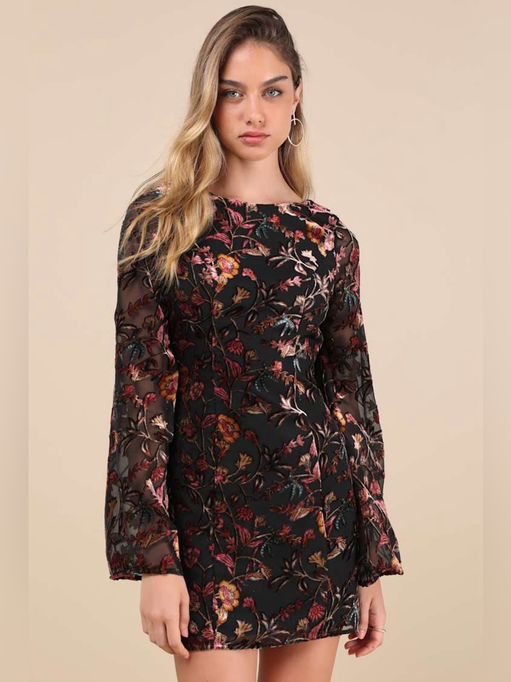 LULUS Floral Burnout Velvet Bell Sleeve Whimsigoth Dark Fairycore Dress XXL - Picture 2 of 7